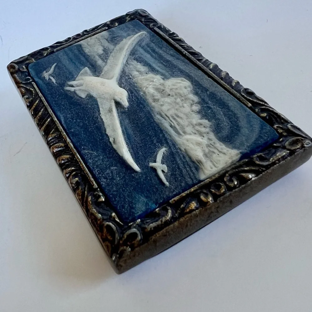 Vintage Incolay Belt Buckle Carved Stone Birds Sky Blue Coastal 1970s Brass